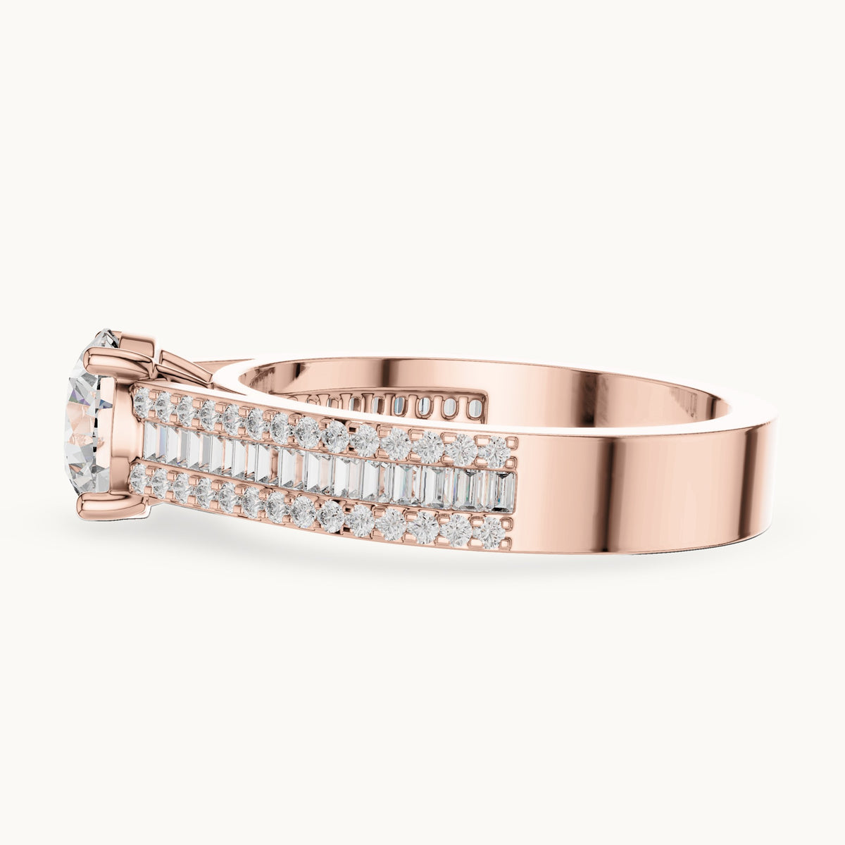 Round and baguette lab-grown diamond baguette and pavé engagement ring in rose gold, 1.584 CT TW, view 3
