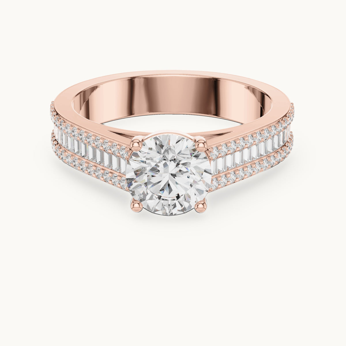 Round and baguette lab-grown diamond baguette and pavé engagement ring in rose gold, 1.584 CT TW, view 4