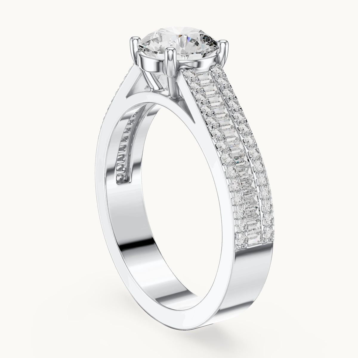 Round and baguette lab-grown diamond baguette and pavé engagement ring in white gold, 1.584 CT TW, view 1
