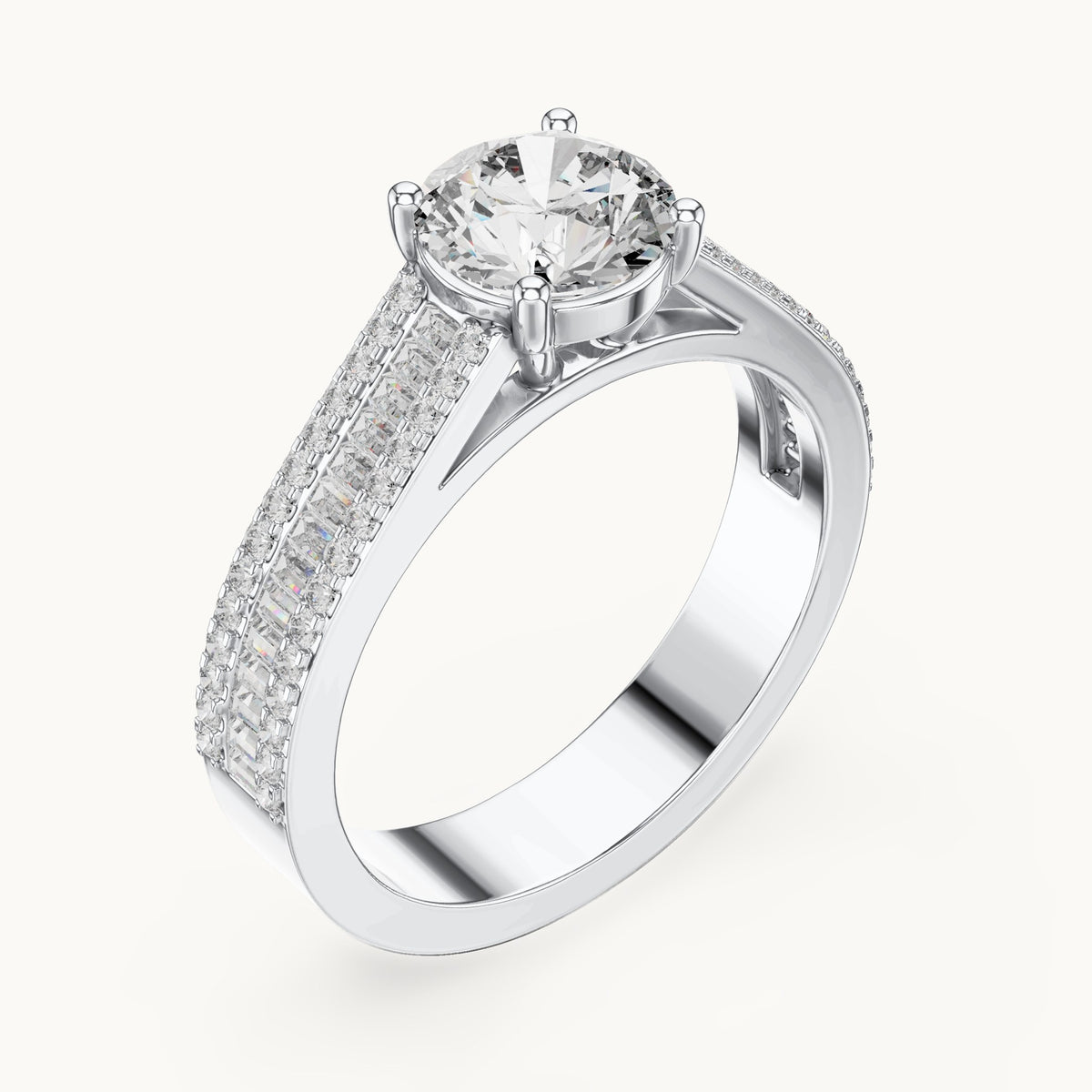 Round and baguette lab-grown diamond baguette and pavé engagement ring in white gold, 1.584 CT TW, view 2