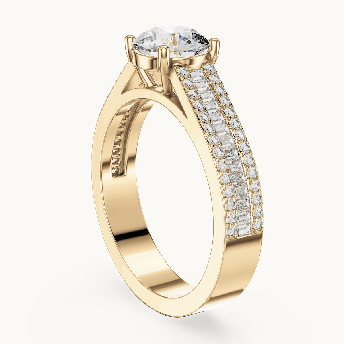 Round and baguette lab-grown diamond baguette and pavé engagement ring in yellow gold, 1.584 CT TW, view 1