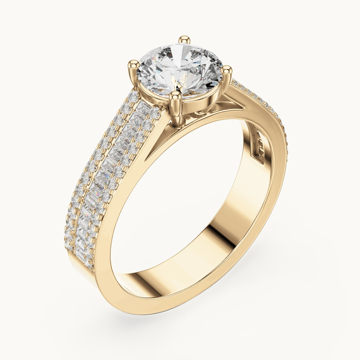 Round and baguette lab-grown diamond baguette and pavé engagement ring in yellow gold, 1.584 CT TW, view 2