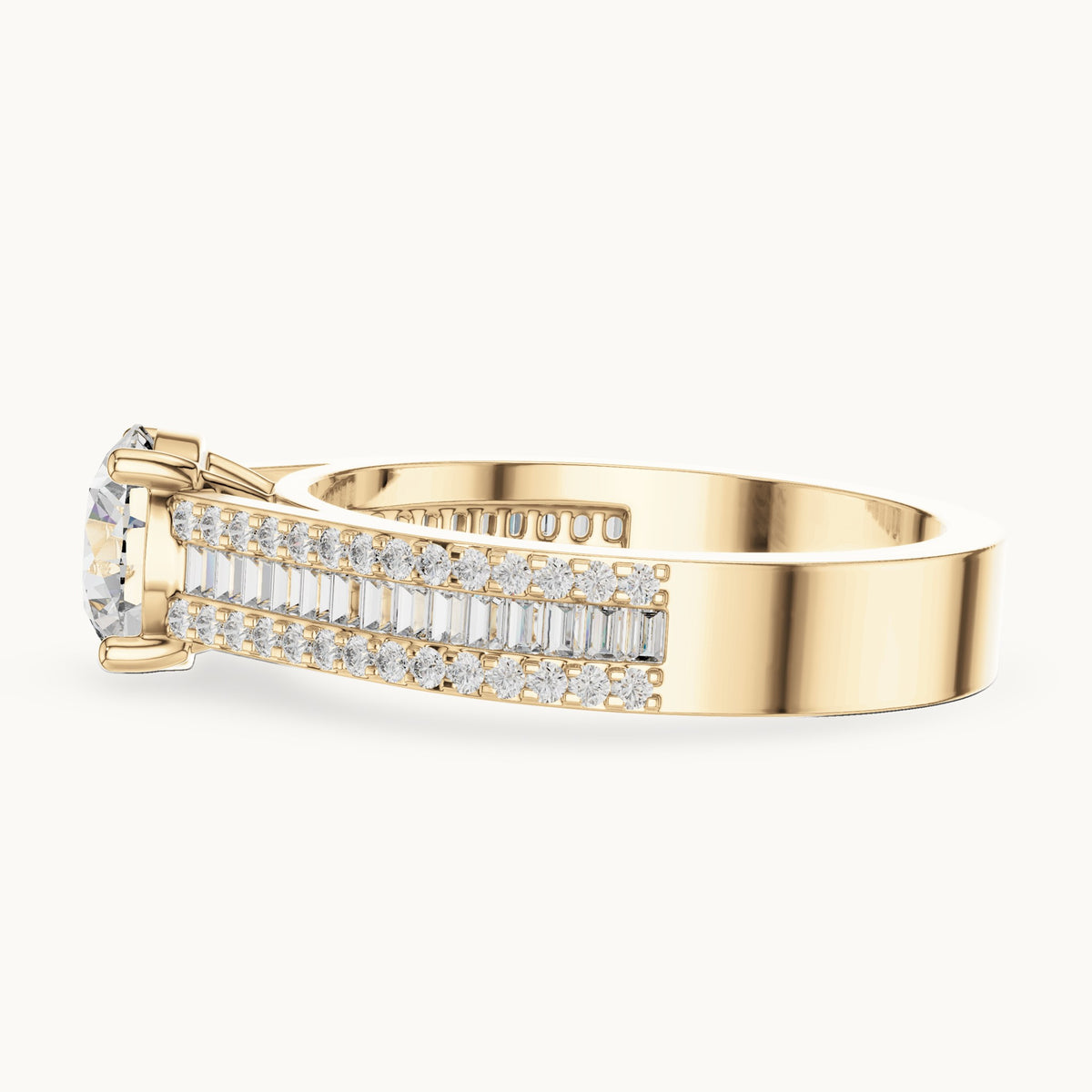 Round and baguette lab-grown diamond baguette and pavé engagement ring in yellow gold, 1.584 CT TW, view 3