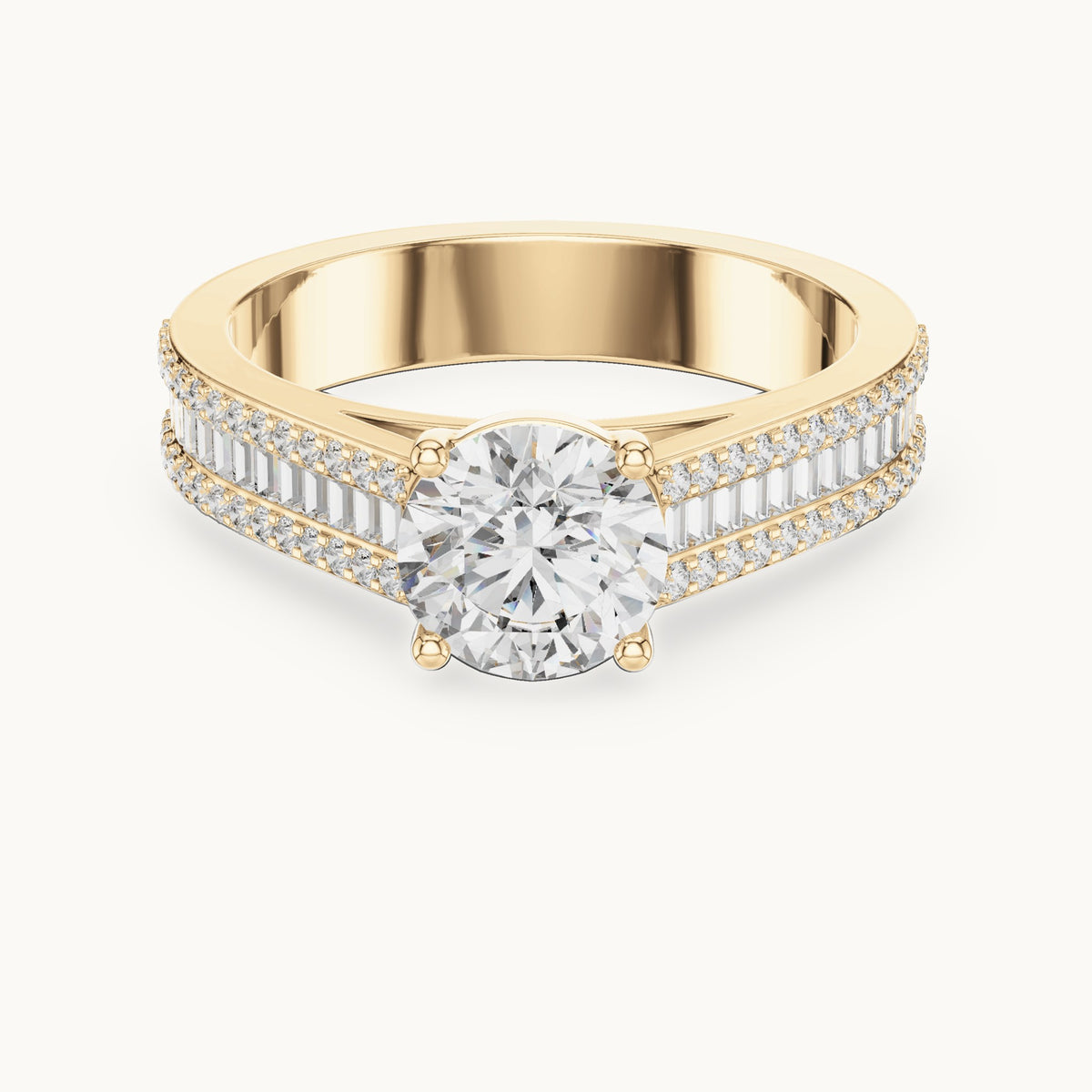 Round and baguette lab-grown diamond baguette and pavé engagement ring in yellow gold, 1.584 CT TW, view 4