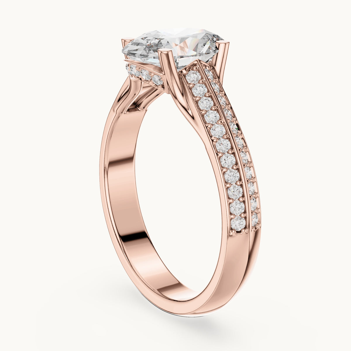 Oval and round lab-grown diamond split shank pavé engagement ring in rose gold, 1.862 CT TW, view 1