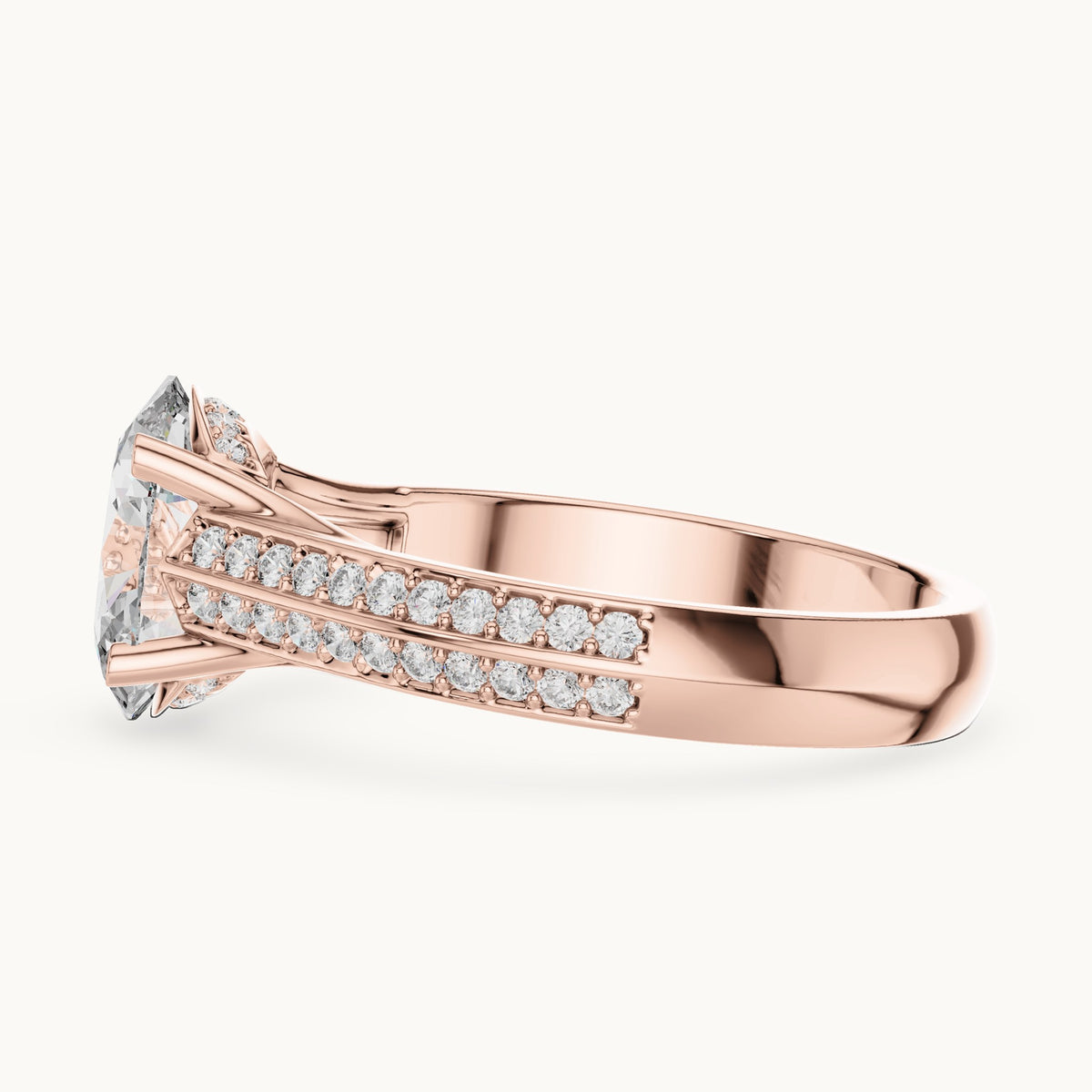 Oval and round lab-grown diamond split shank pavé engagement ring in rose gold, 1.862 CT TW, view 3