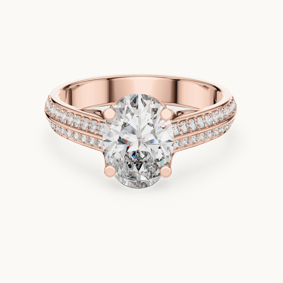 Oval and round lab-grown diamond split shank pavé engagement ring in rose gold, 1.862 CT TW, view 4