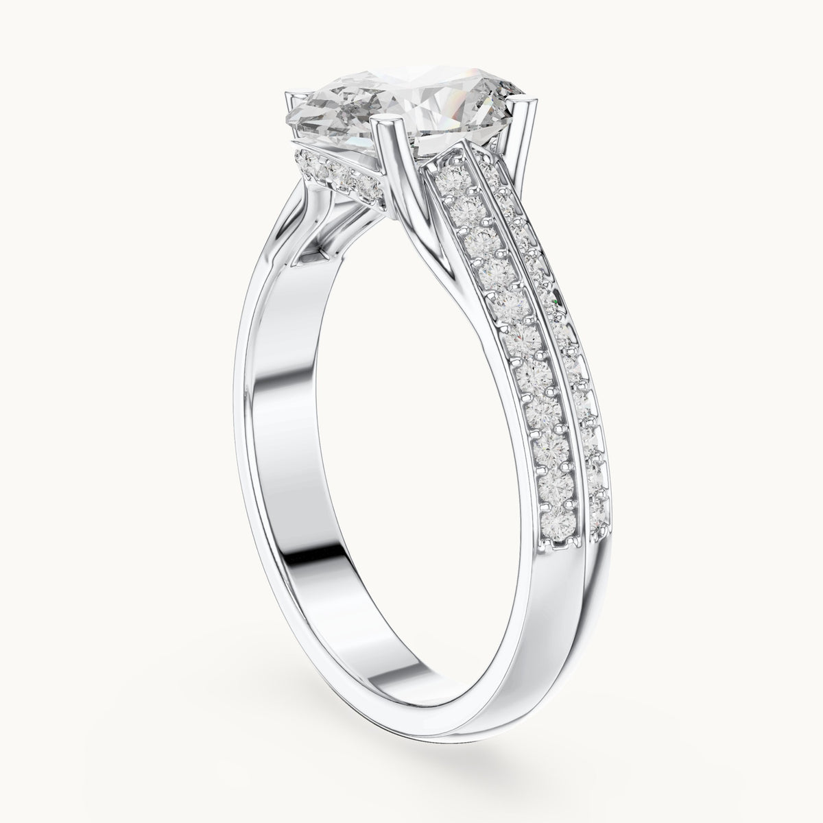Oval and round lab-grown diamond split shank pavé engagement ring in white gold, 1.862 CT TW, view 1