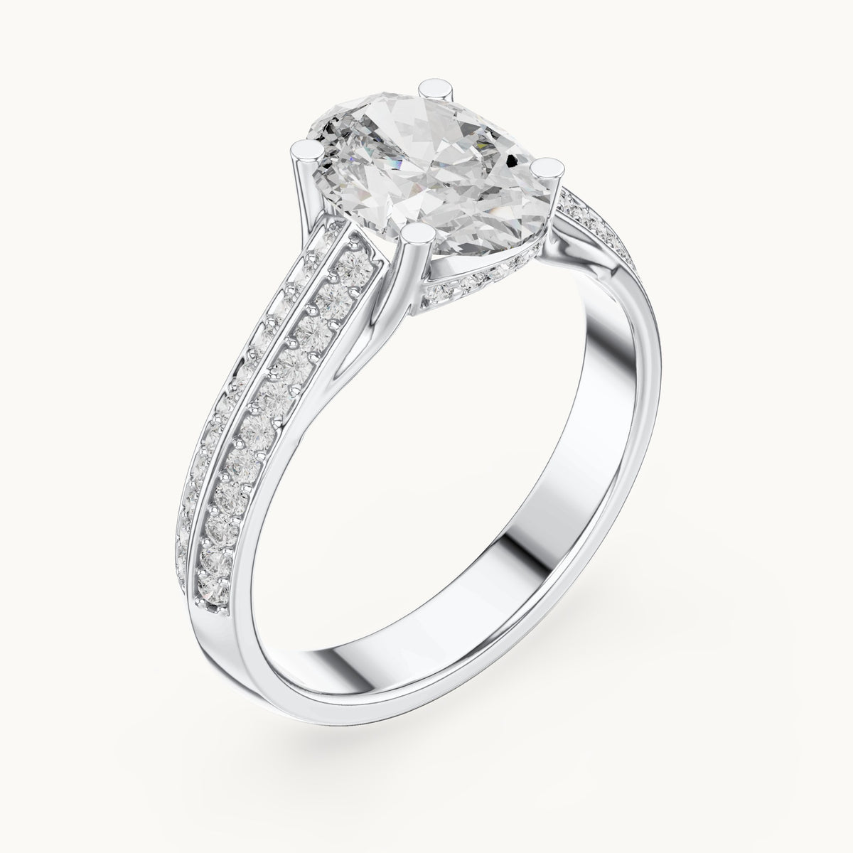 Oval and round lab-grown diamond split shank pavé engagement ring in white gold, 1.862 CT TW, view 2