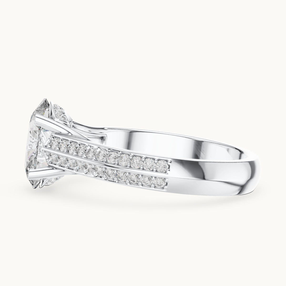Oval and round lab-grown diamond split shank pavé engagement ring in white gold, 1.862 CT TW, view 3