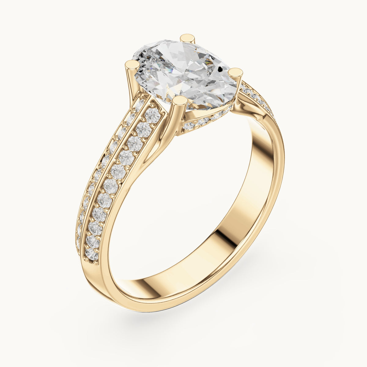 Oval and round lab-grown diamond split shank pavé engagement ring in yellow gold, 1.862 CT TW, view 2
