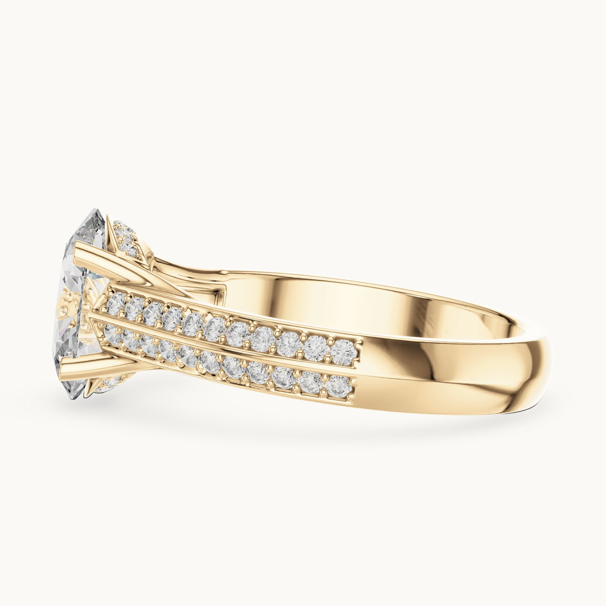 Oval and round lab-grown diamond split shank pavé engagement ring in yellow gold, 1.862 CT TW, view 3
