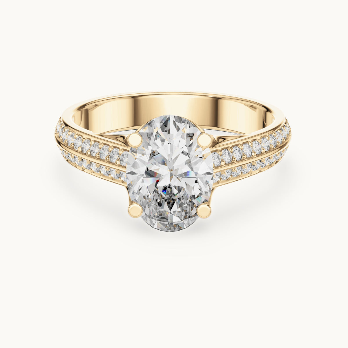 Oval and round lab-grown diamond split shank pavé engagement ring in yellow gold, 1.862 CT TW, view 4