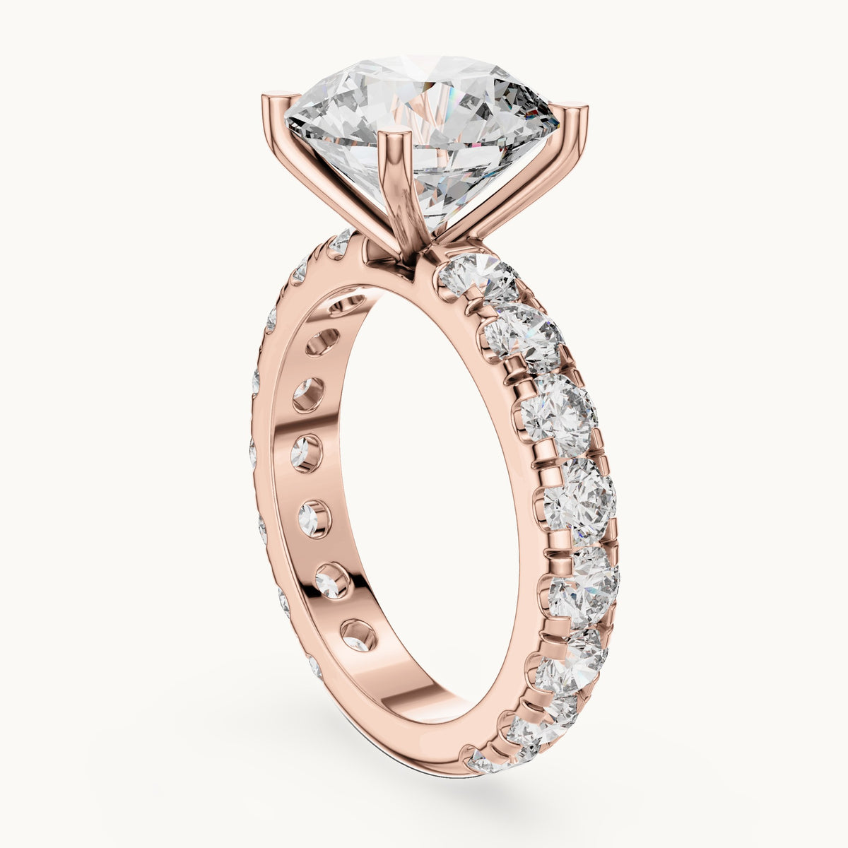 Round lab-grown diamond graduated side stone engagement ring in rose gold, 4.76 CT TW, view 1