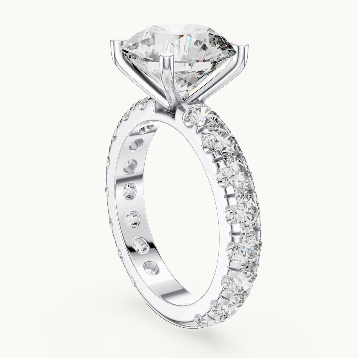Round lab-grown diamond graduated side stone engagement ring in white gold, 4.76 CT TW, view 1