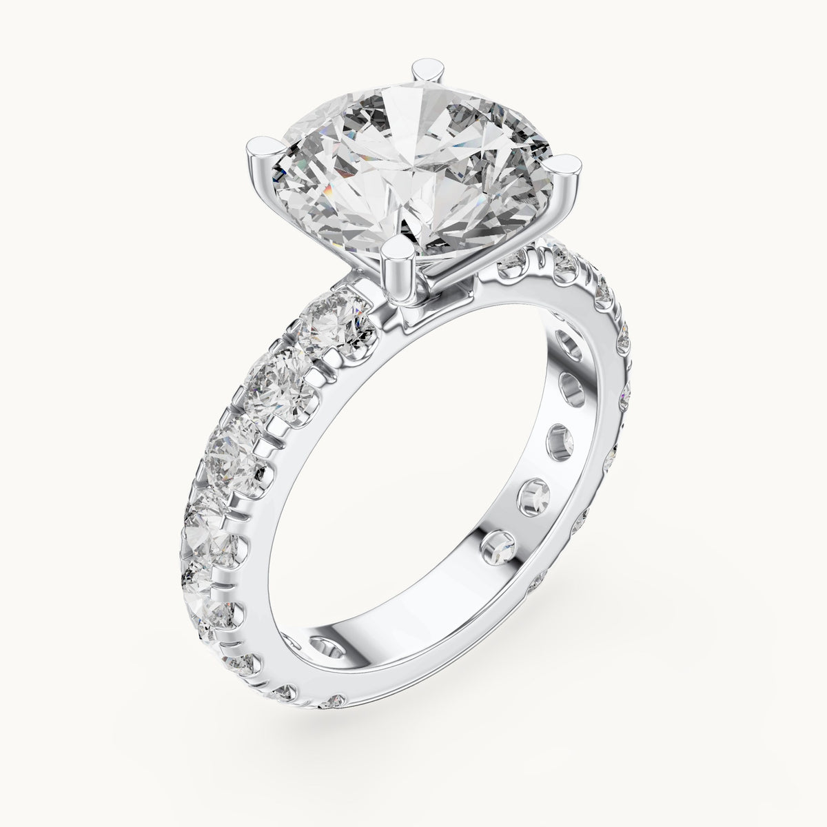Round lab-grown diamond graduated side stone engagement ring in white gold, 4.76 CT TW, view 2