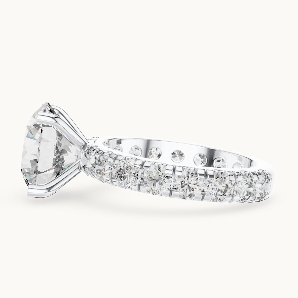 Round lab-grown diamond graduated side stone engagement ring in white gold, 4.76 CT TW, view 3