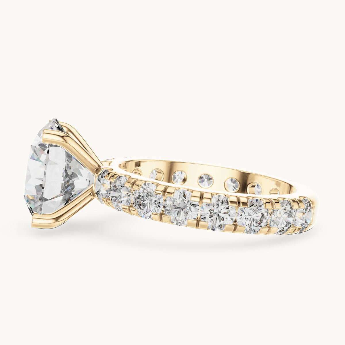 Round lab-grown diamond graduated side stone engagement ring in yellow gold, 4.76 CT TW, view 3