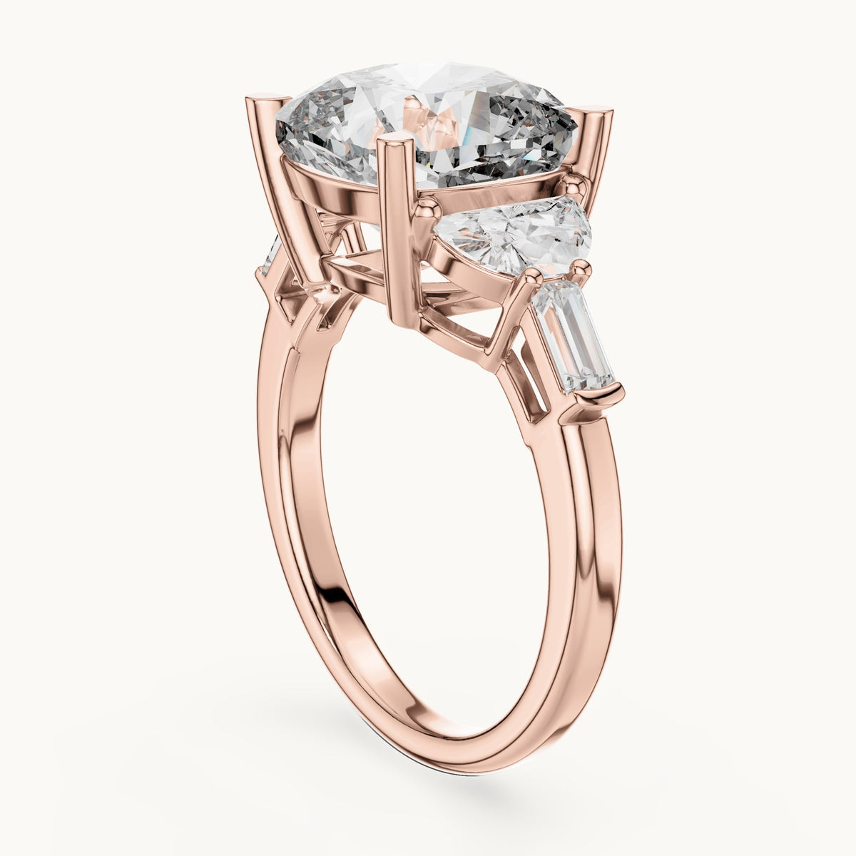 Cushion-cut, half moon and baguette lab-grown diamond engagement ring with side stones in rose gold, 7.05 CT TW, view 1