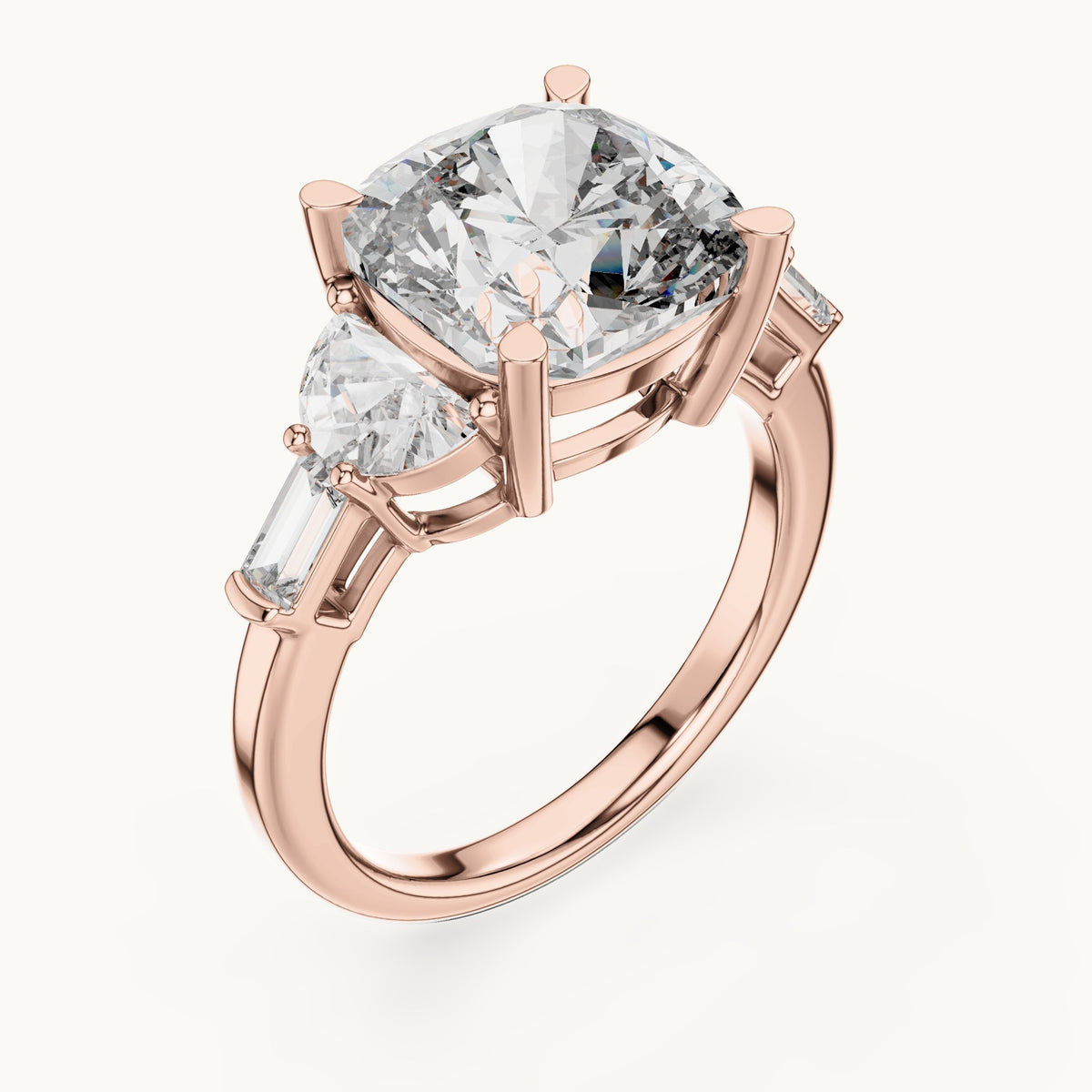 Cushion-cut, half moon and baguette lab-grown diamond engagement ring with side stones in rose gold, 7.05 CT TW, view 2