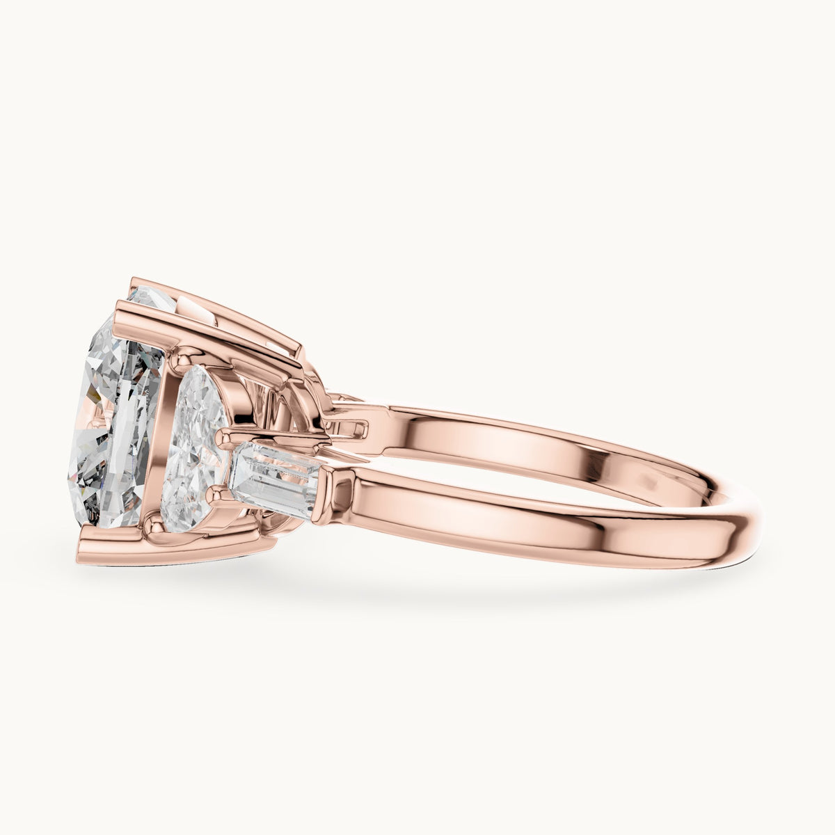 Cushion-cut, half moon and baguette lab-grown diamond engagement ring with side stones in rose gold, 7.05 CT TW, view 3