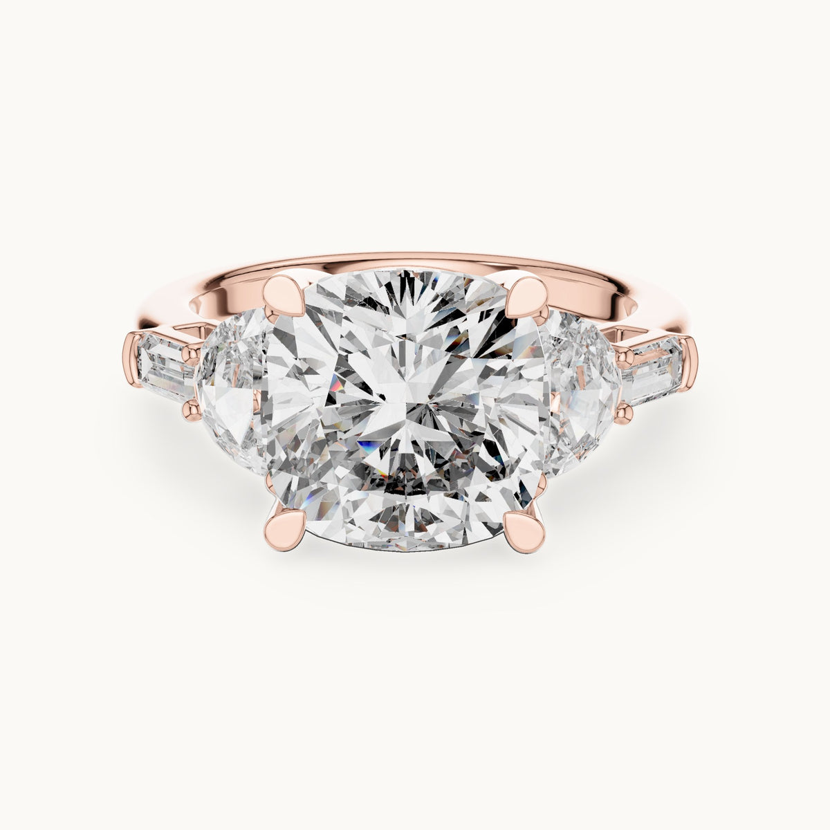 Cushion-cut, half moon and baguette lab-grown diamond engagement ring with side stones in rose gold, 7.05 CT TW, view 4