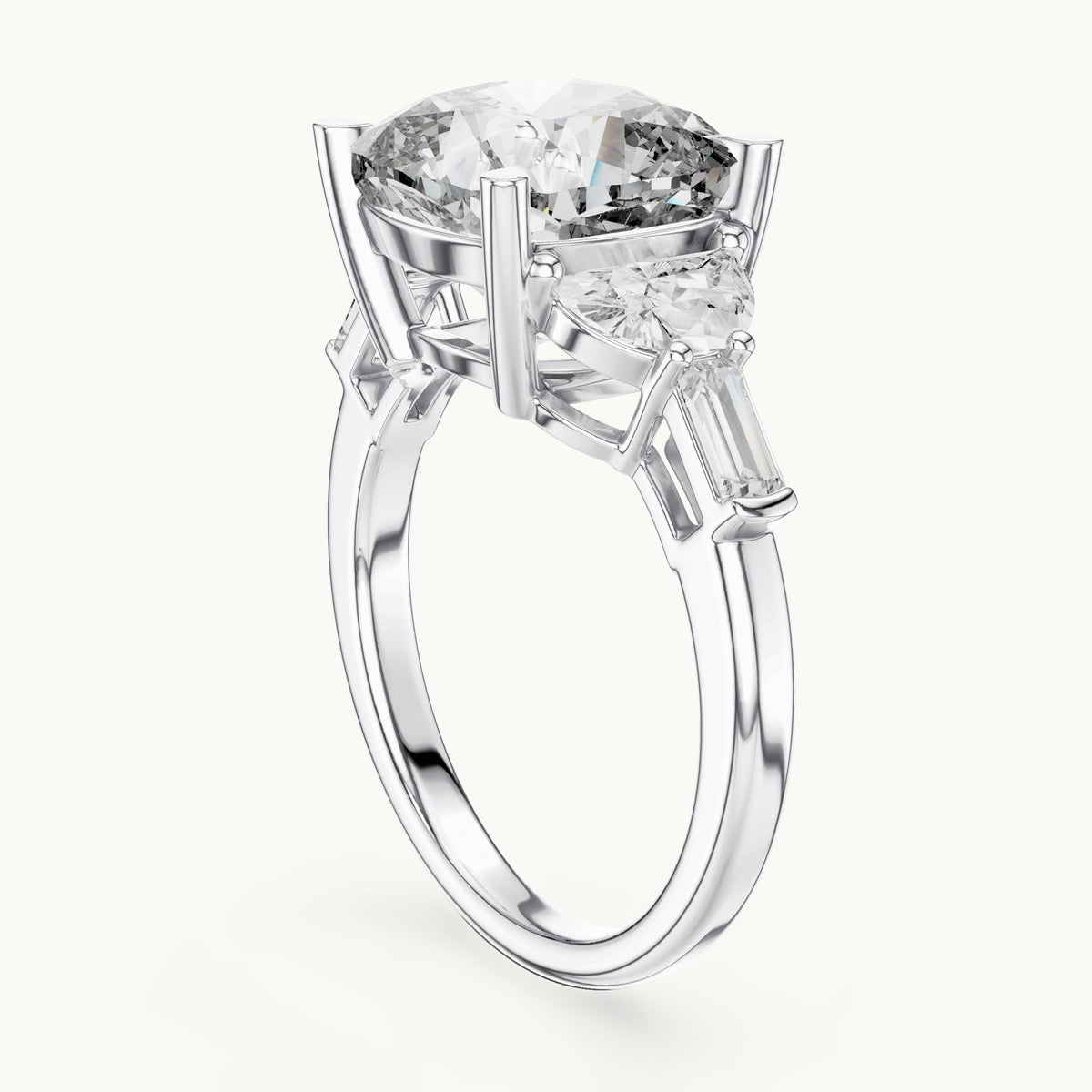 Cushion-cut, half moon and baguette lab-grown diamond engagement ring with side stones in white gold, 7.05 CT TW, view 1