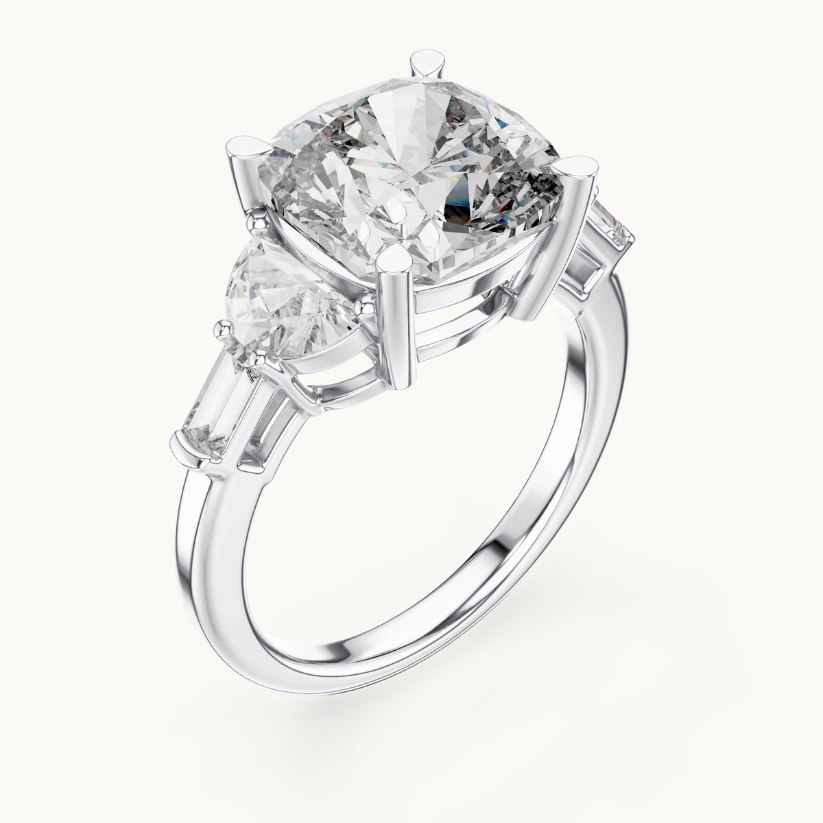 Cushion-cut, half moon and baguette lab-grown diamond engagement ring with side stones in white gold, 7.05 CT TW, view 2