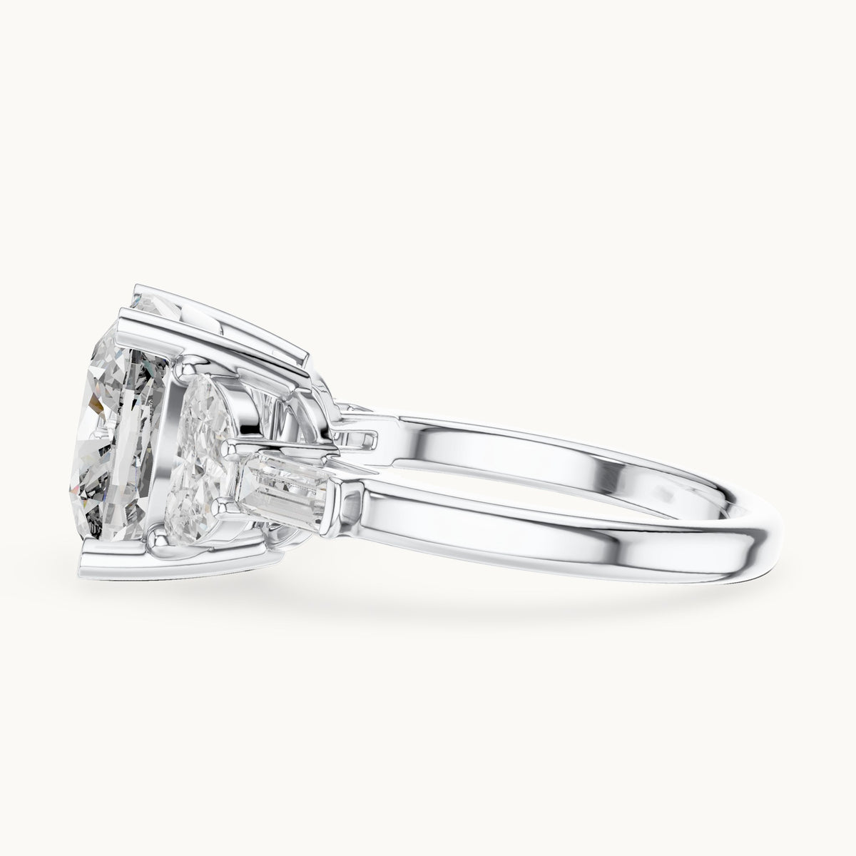 Cushion-cut, half moon and baguette lab-grown diamond engagement ring with side stones in white gold, 7.05 CT TW, view 3