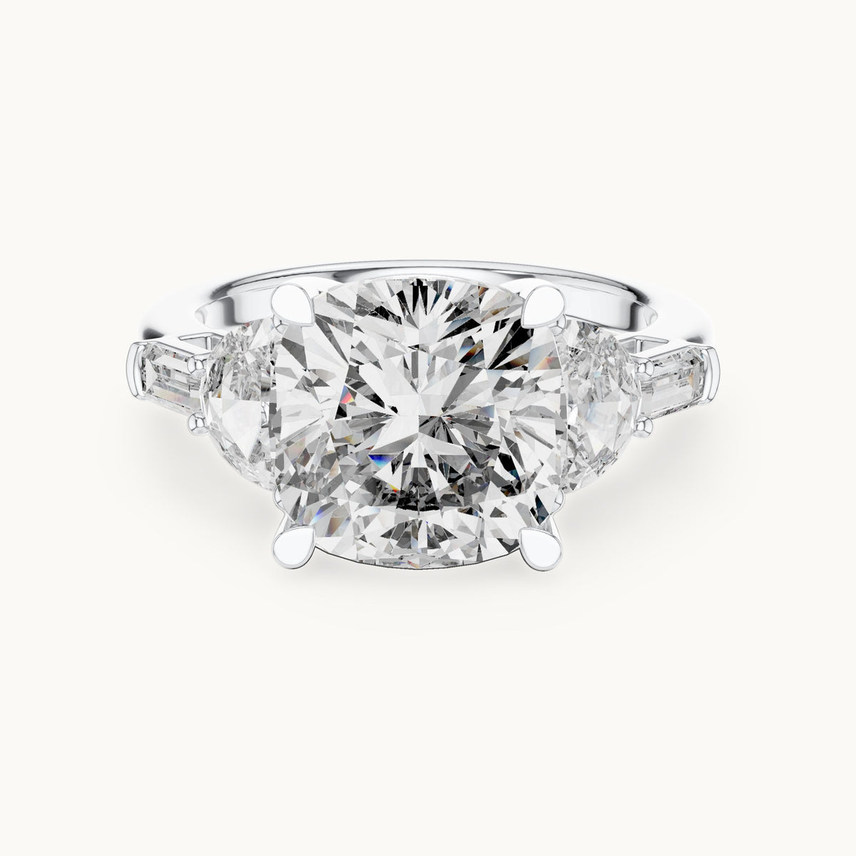 Cushion-cut, half moon and baguette lab-grown diamond engagement ring with side stones in white gold, 7.05 CT TW, view 4