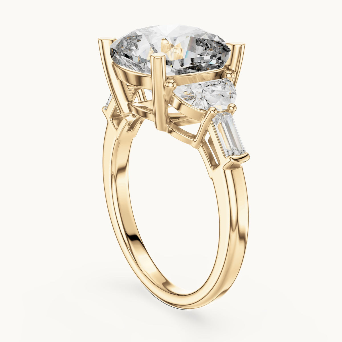 Cushion-cut, half moon and baguette lab-grown diamond engagement ring with side stones in yellow gold, 7.05 CT TW, view 1