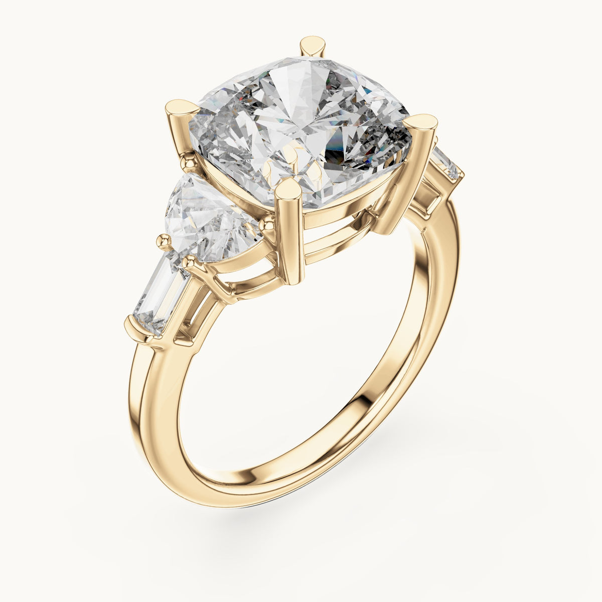 Cushion-cut, half moon and baguette lab-grown diamond engagement ring with side stones in yellow gold, 7.05 CT TW, view 2