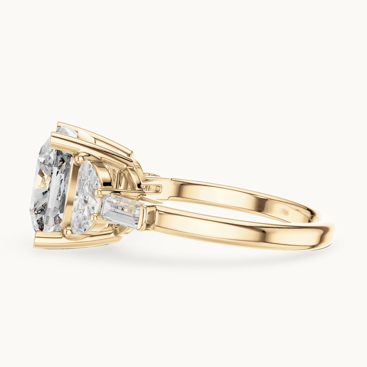 Cushion-cut, half moon and baguette lab-grown diamond engagement ring with side stones in yellow gold, 7.05 CT TW, view 3