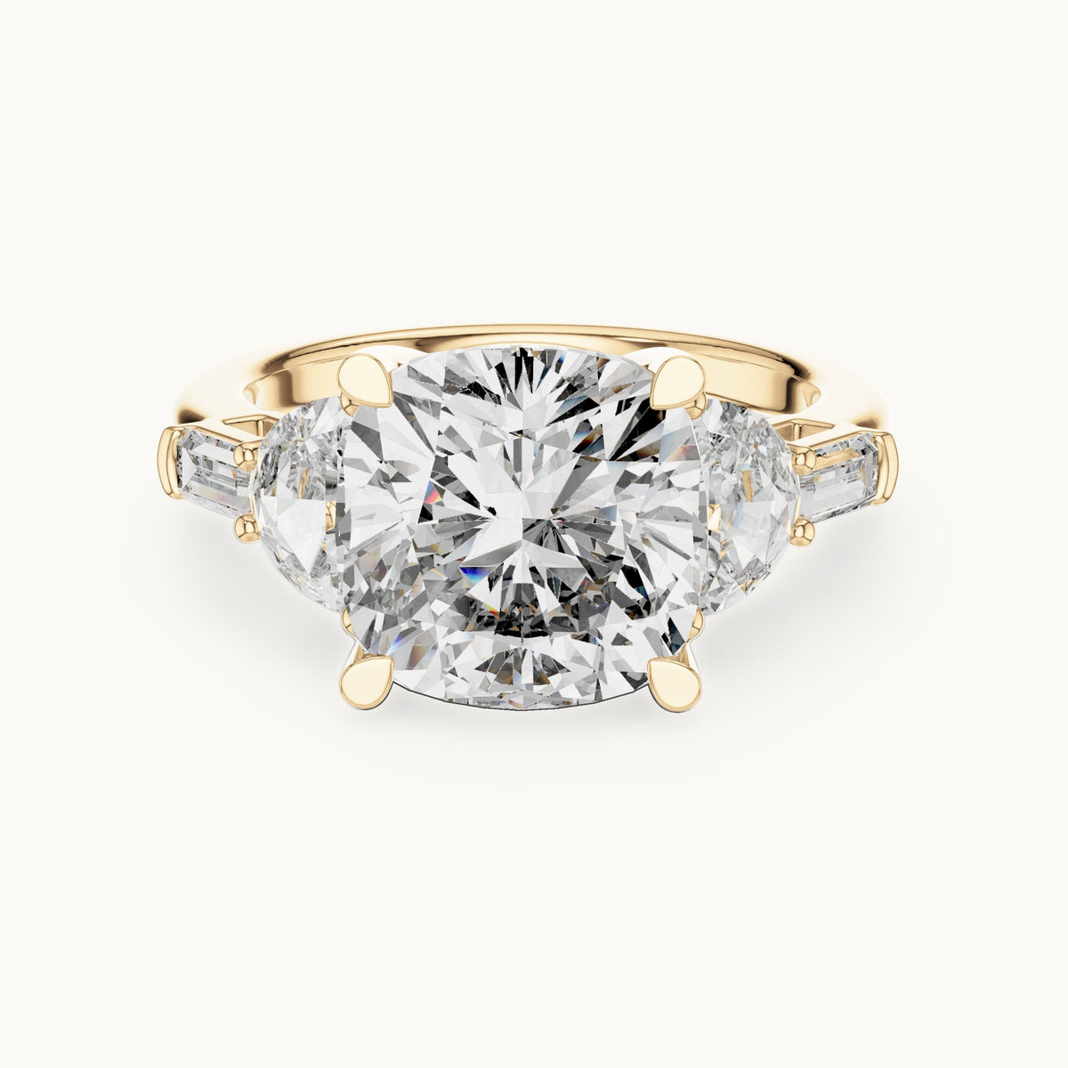 Cushion-cut, half moon and baguette lab-grown diamond engagement ring with side stones in yellow gold, 7.05 CT TW, view 4