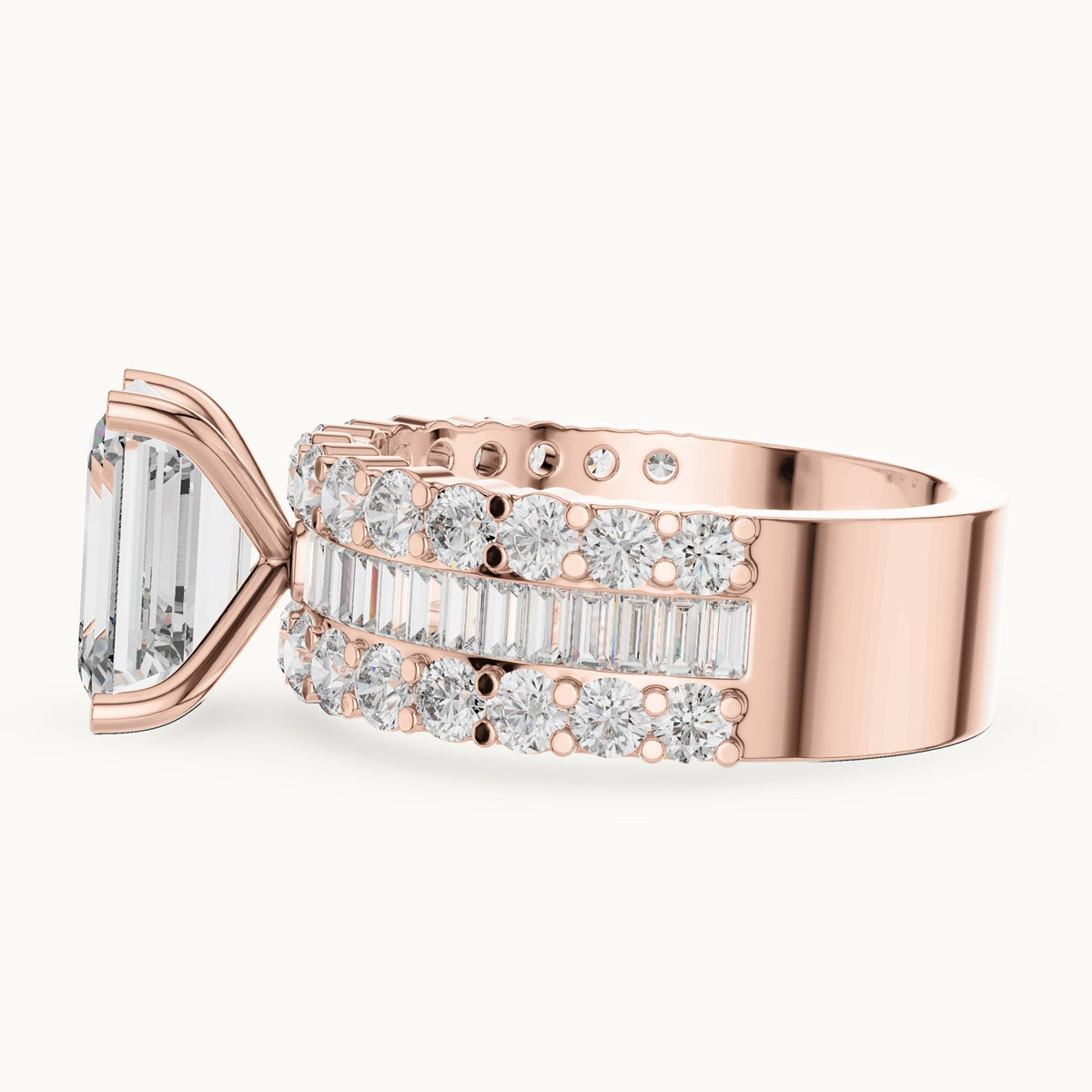 Emerald-cut, round and baguette lab-grown diamond wide band engagement ring with baguette side stones in rose gold, 4.47 CT TW, view 3
