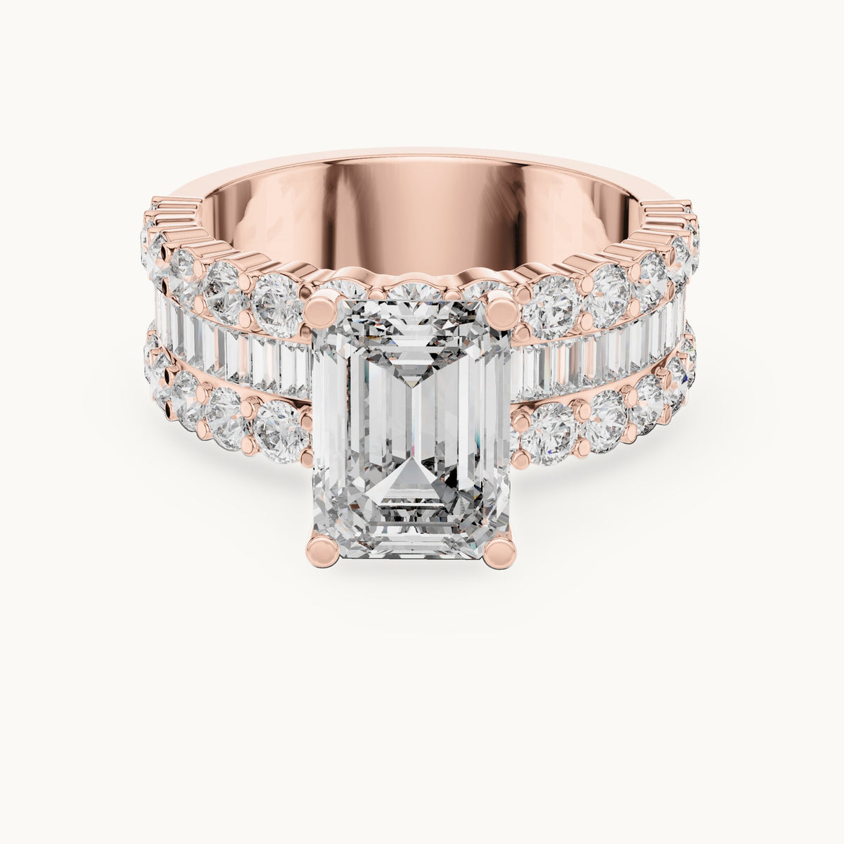 Emerald-cut, round and baguette lab-grown diamond wide band engagement ring with baguette side stones in rose gold, 4.47 CT TW, view 4