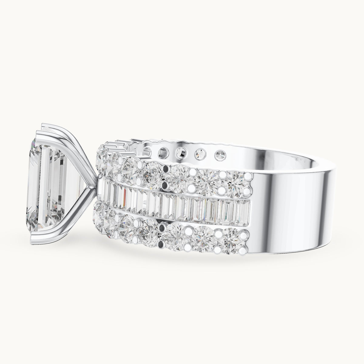 Emerald-cut, round and baguette lab-grown diamond wide band engagement ring with baguette side stones in white gold, 4.47 CT TW, view 3