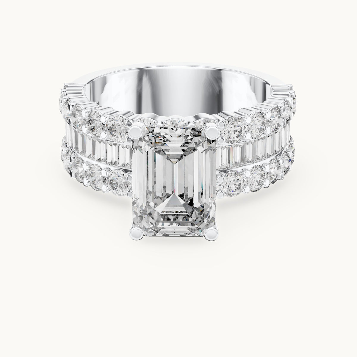 Emerald-cut, round and baguette lab-grown diamond wide band engagement ring with baguette side stones in white gold, 4.47 CT TW, view 4