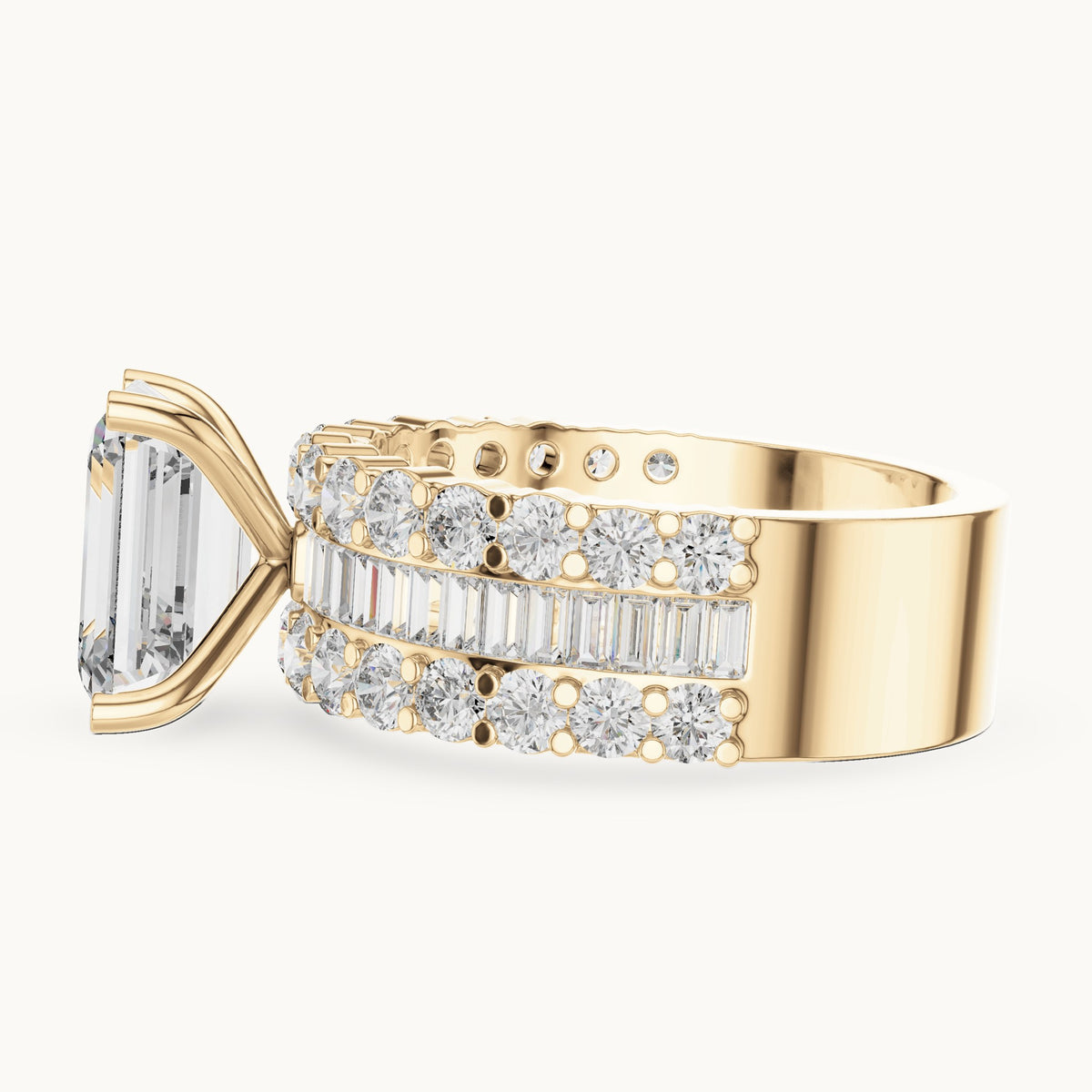 Emerald-cut, round and baguette lab-grown diamond wide band engagement ring with baguette side stones in yellow gold, 4.47 CT TW, view 3