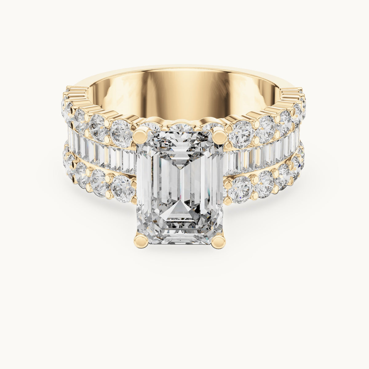 Emerald-cut, round and baguette lab-grown diamond wide band engagement ring with baguette side stones in yellow gold, 4.47 CT TW, view 4