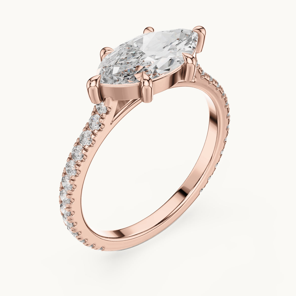 Marquise and round lab-grown diamond east-west pavé engagement ring in rose gold, 1.89 CT TW, view 2