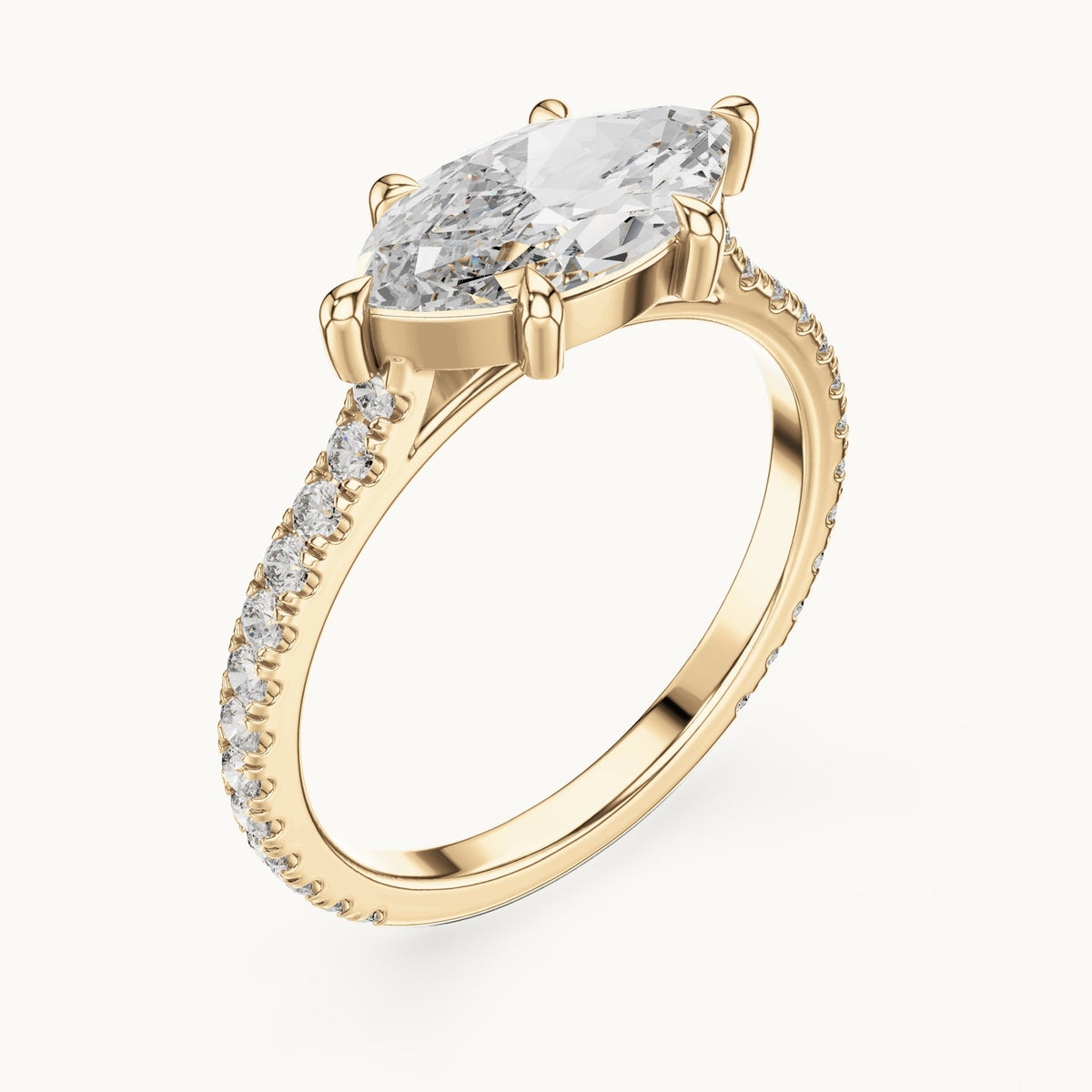 Marquise and round lab-grown diamond east-west pavé engagement ring in yellow gold, 1.89 CT TW, view 2