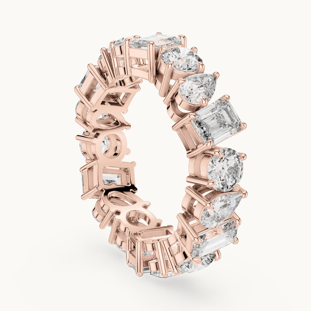 Emerald-cut, round and pear lab-grown diamond mixed-shape full eternity band in rose gold, 5.76 CT TW, view 1