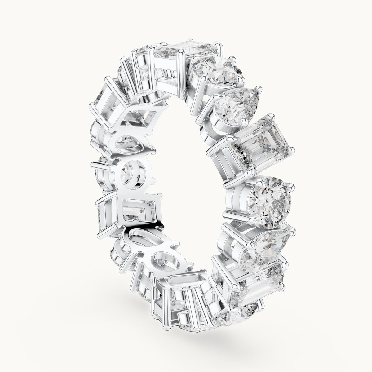 Emerald-cut, round and pear lab-grown diamond mixed-shape full eternity band in white gold, 5.76 CT TW, view 1