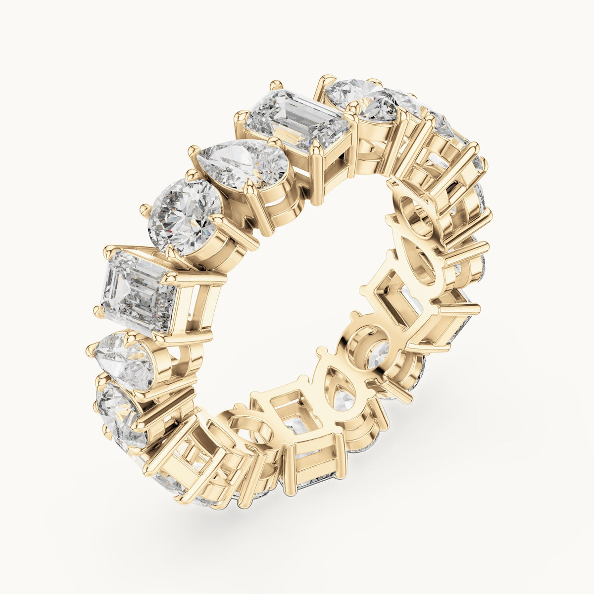 Emerald-cut, round and pear lab-grown diamond mixed-shape full eternity band in yellow gold, 5.76 CT TW, view 2