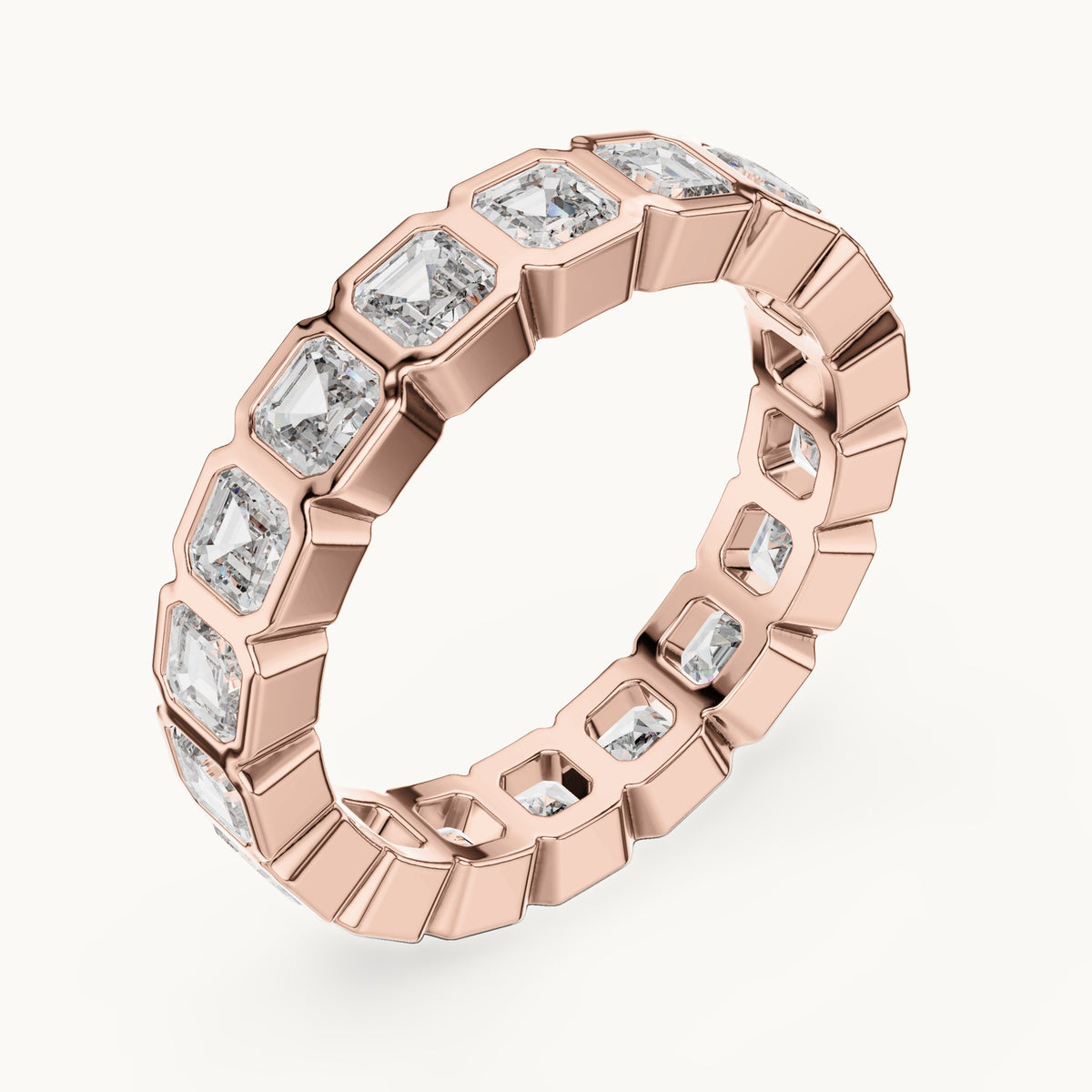 Square emerald-cut lab-grown diamond bezel-set full eternity band in rose gold, 3.60 CT TW, view 2