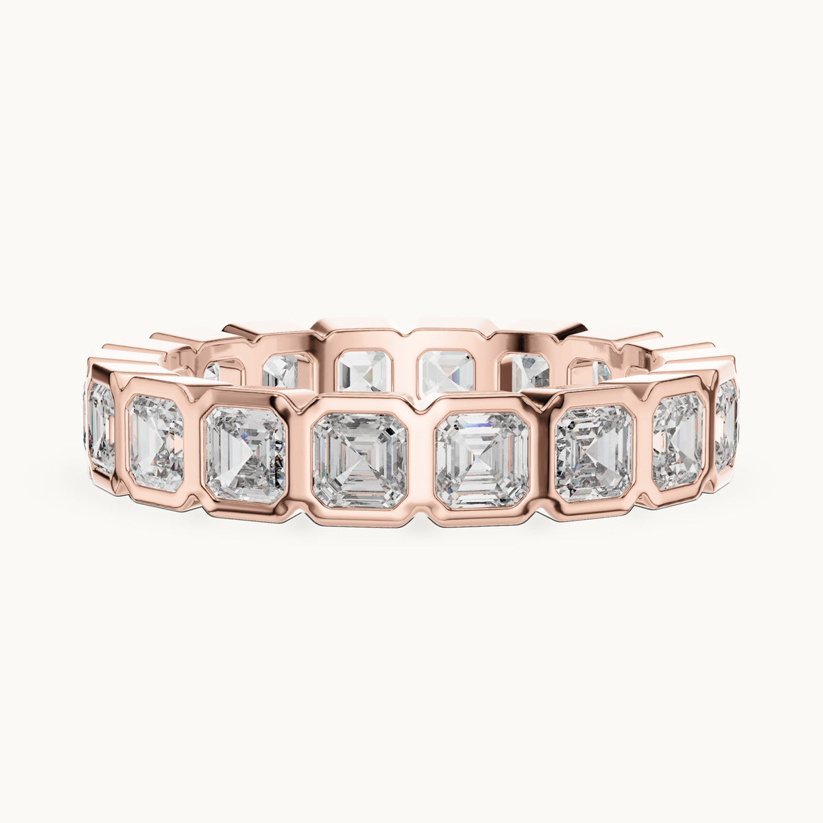 Square emerald-cut lab-grown diamond bezel-set full eternity band in rose gold, 3.60 CT TW, view 3