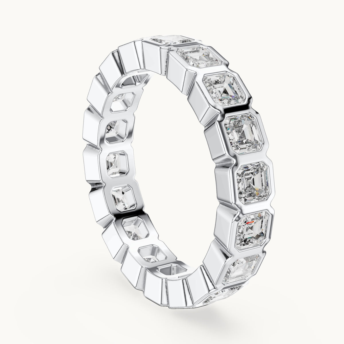 Square emerald-cut lab-grown diamond bezel-set full eternity band in white gold, 3.60 CT TW, view 1
