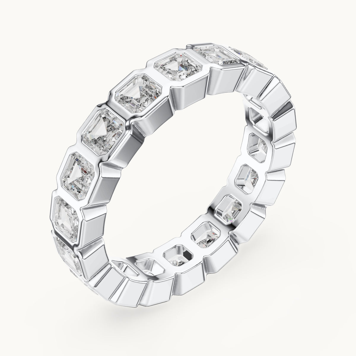 Square emerald-cut lab-grown diamond bezel-set full eternity band in white gold, 3.60 CT TW, view 2