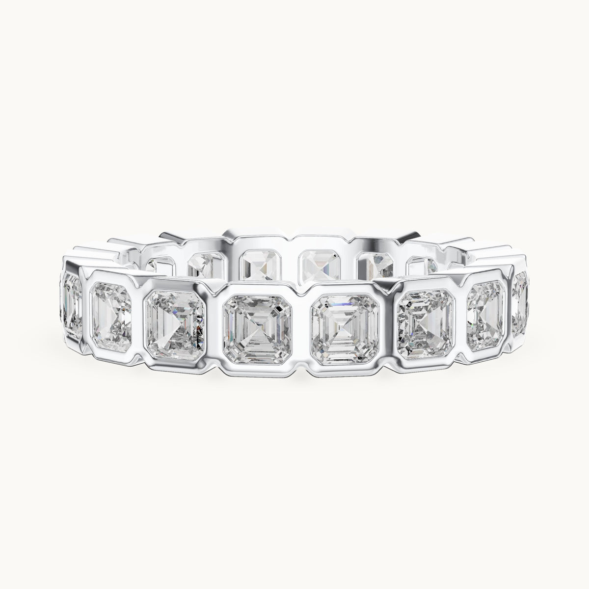 Square emerald-cut lab-grown diamond bezel-set full eternity band in white gold, 3.60 CT TW, view 3